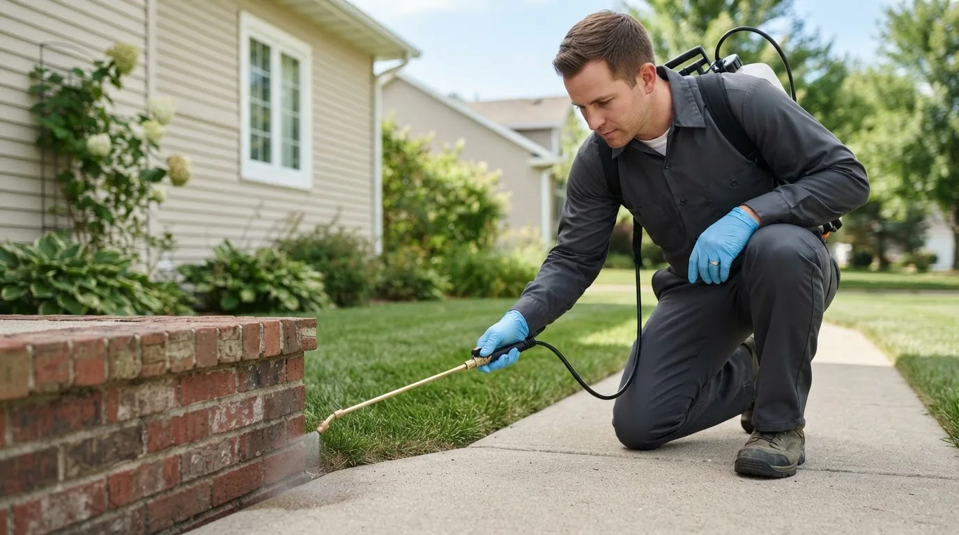 Pest control technician treating a home near Fieldon, IL