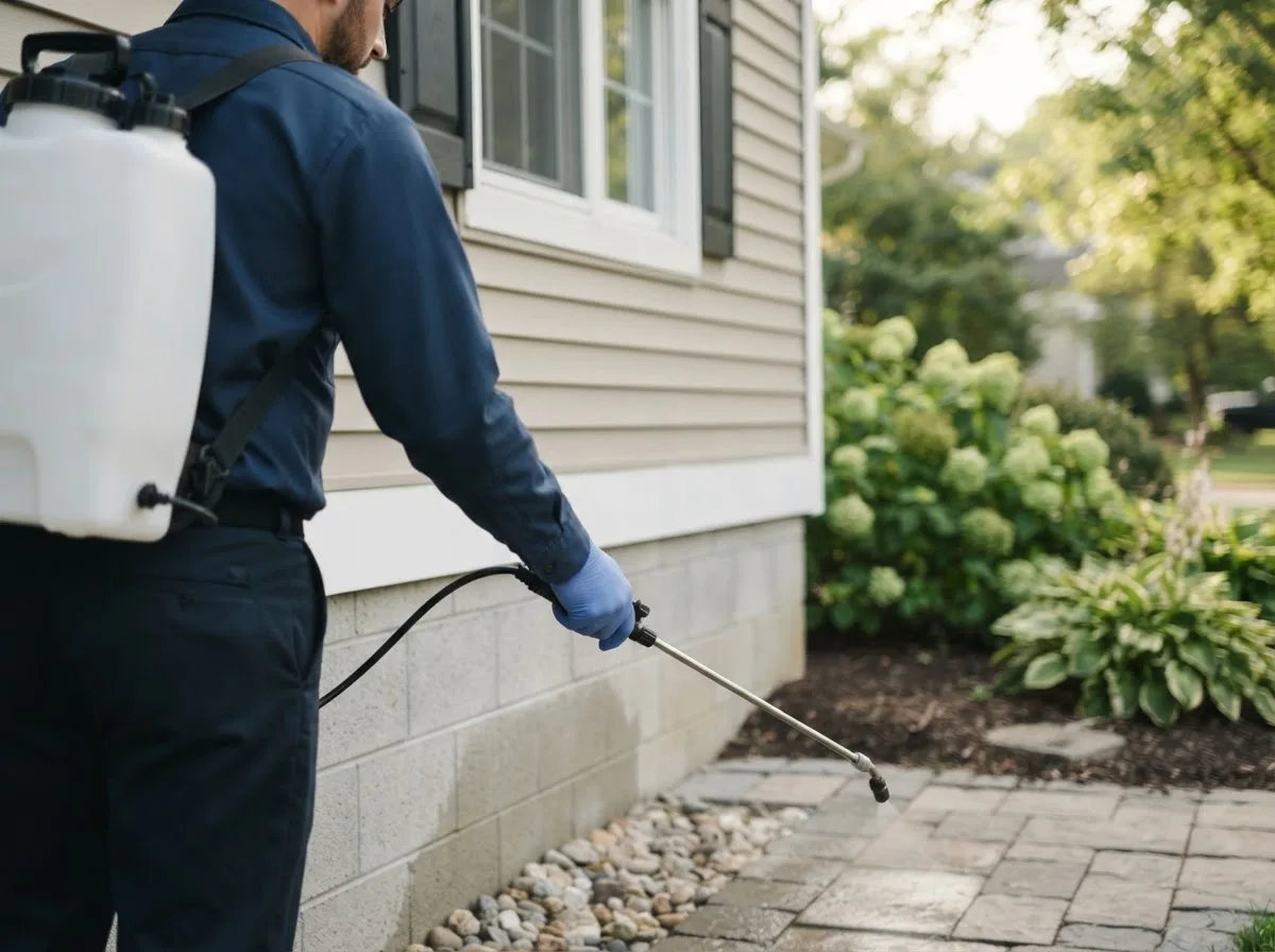 Pest control technician inspecting a home in Fieldon, IL